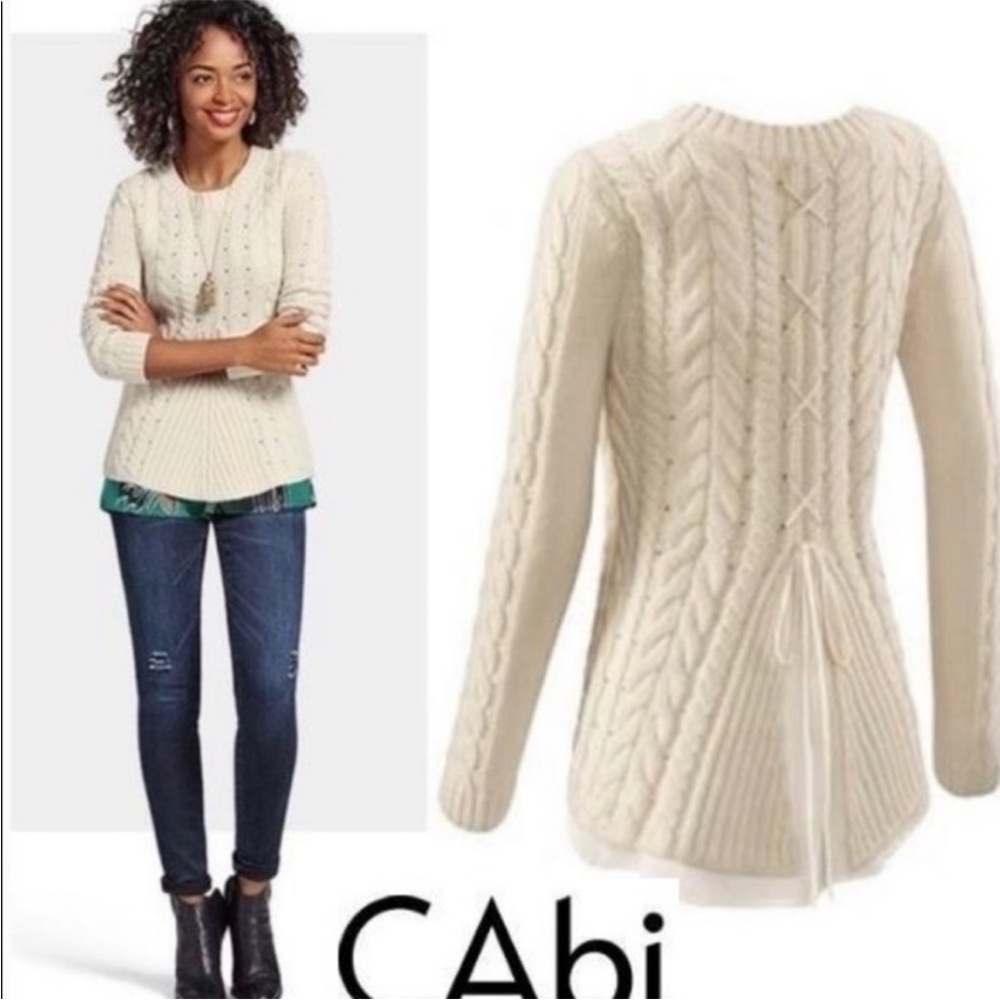 CAbi #3157 Cream Chunky Knit Crew Neck Sweater w/ Sheer Back Lining, S - Picture 8 of 8